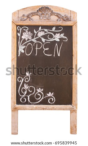 Wooden sidewalk sign with blank black menu board with the inscription open and floral ornament, drawn in chalk. Isolated on white background