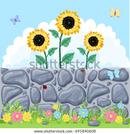 Illustration of a summer canopy fence, and sunflowers