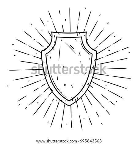 Hand drawn vector illustration with a Shield and divergent rays. Used for poster, banner, web, t-shirt print, bag print, badges, flyer, logo design and more. Cartoon Shield