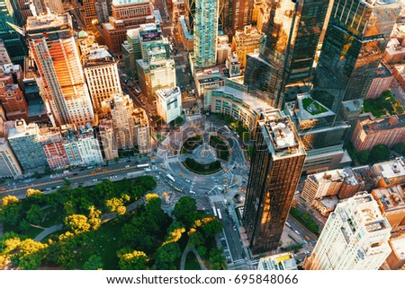 Aerial view of Columbus Circle in New York City at sunset