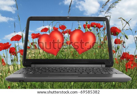  Valentine hearts on a computer screen with background of flowers