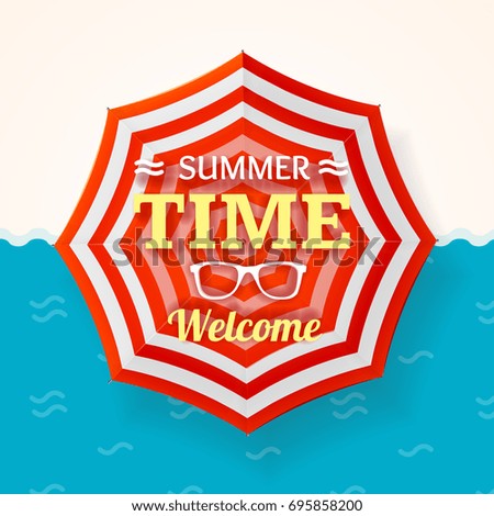 Summer Time Banner with a Beach Umbrella and Glasses Ocean or Sea Resort. illustration