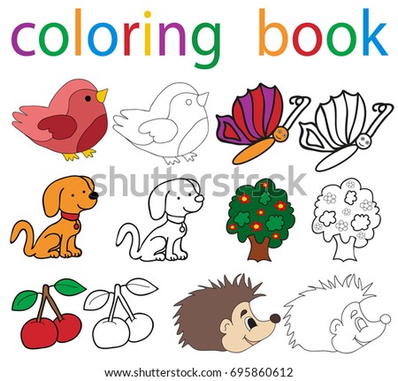 Vector, isolated set book coloring hedgehog, dog, bird, butterfly cherry, tree