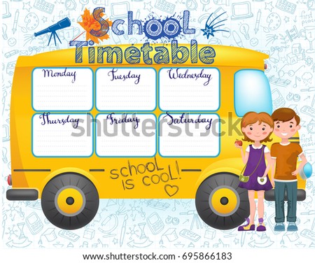 Template school timetable for students or pupils with days of week and free spaces for notes. Illustration in the form of school bus