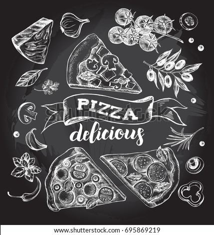 Set of pieces of delicious pizza and pizza ingredients. Food elements collection. Vector ink hand drawn illustration with lettering. Template for menu, signboard, cards, banners, posters design.