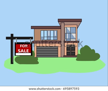 House with For Sale Sign. Picture. Real Estate Sign to advertise a house listing. Basic Sign Sold in front of a modern House. Vector Illustration