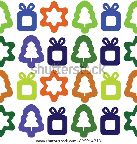 Vector seamless background with christmas trees, stars and gifts