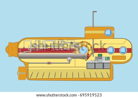 Yellow Submarine with periscope, cartoon, underwater ship Vector design. 