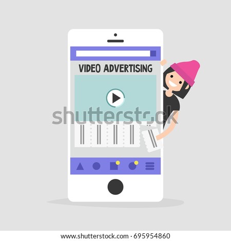 Video advertising on a mobile screen. Young female character interested in an advertising. Tear-off ad. Flat editable vector illustration, clip art. Efficient ad format for millennials