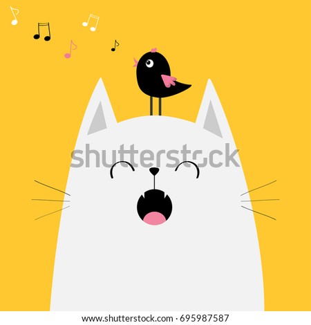 White cat face silhouette Bird on head. Meowing singing song. Music note flying. Cute cartoon funny character. Kawaii animal. Baby card. Pet collection. Flat design. Yellow background Isolated. Vector