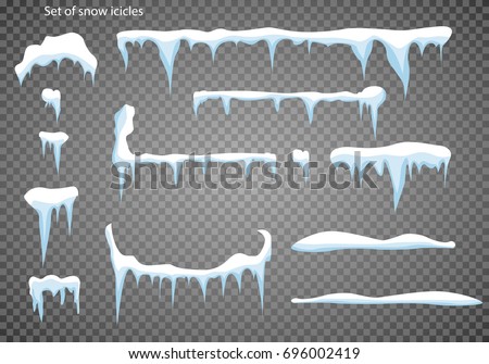 Set of snow icicles, snow cap isolated. Snowy elements on winter background. Vector template in cartoon style Royalty-Free Stock Photo #696002419