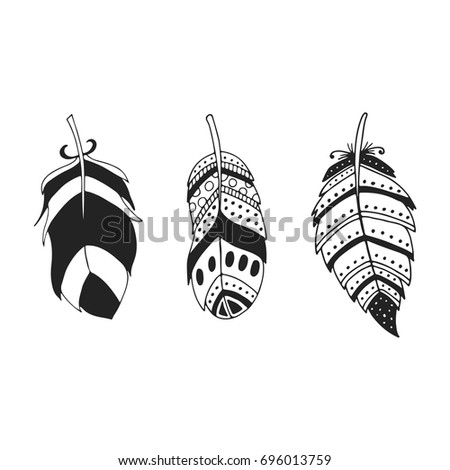 Cute hand drawn set of different feathers. Bird feather collection in doodle style. Vector illustration.