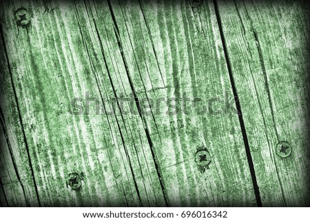 Old Weathered Cracked Knotted Kelly Green Pine Wood Floorboards Vignetted Grunge Texture