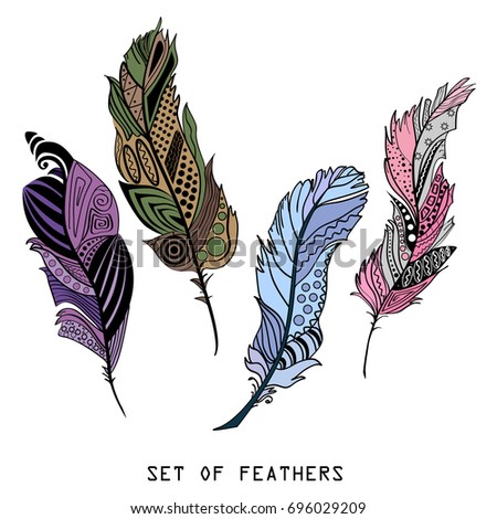 Feathers. Design Zentangle. Hand drawn feather with abstract patterns on isolation background. Colored set. Design for spiritual relaxation for adults.. Print for polygraphy, posters and textiles