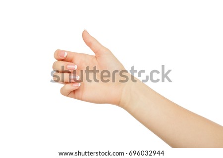 Female hand holding card, phone or other, close-up, cutout, isolated on white background.