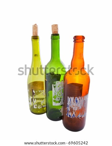 Three empty wine bottles isolated on white background
