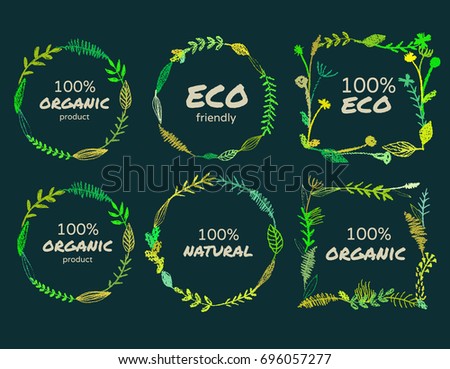 a set of bio or eco round and square wreaths;frames drawn by pencil;made of meadow herbs, flowers and plants;great for ecological, natural,organic posters, cards, banners, labels, as a logo background