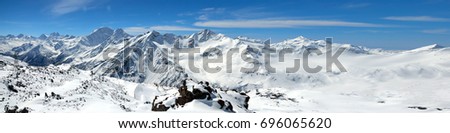 Panorama of Landscape of beautiful slopes of the Caucasus Mountains, Elbrus Royalty-Free Stock Photo #696065620