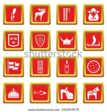 Sweden travel icons set in red color isolated vector illustration for web and any design