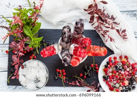 Homemade delicious ice cream dessert, made from fresh summer berries black and red currant, wild strawberry, raspberry. Iced berries. Healthy lifestyle vegan food. Clean tasty icecream. Zero calories