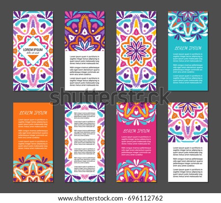 Embroidery style vertical flyer set with bright colorful mandala. Front and back pages. Ethnic ornamental blank. Oriental design concept. Eastern collection. EPS 10 vector. Clipping masks