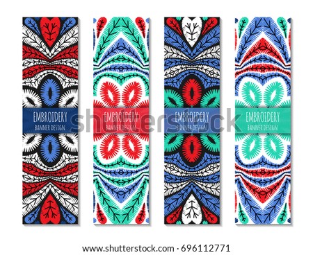 Embroidery style bright colorful vertical banner set. Ethnic design ornamental backgrounds. EPS 10 vector. Clipping masks