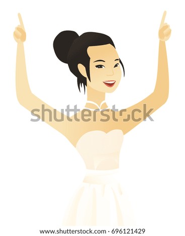 Successful asian fiancee in a white dress standing with raised arms up. Young fiancee celebrating with raised arms up. Vector flat design illustration isolated on white background.
