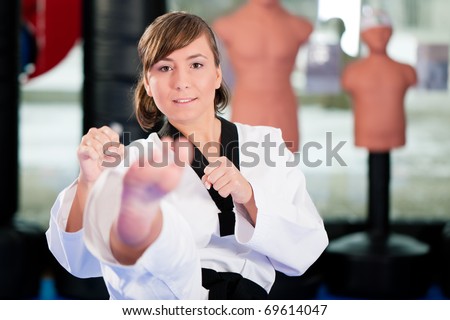 Woman in martial art training in a gym, she is doing a taekwondo front kick Royalty-Free Stock Photo #69614047