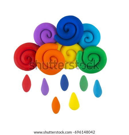 Plasticine cloud with rain, the colors of the rainbow isolated on white