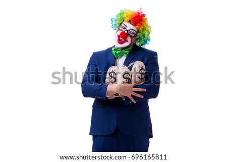 Funny clown businessman with money sacks bags isolated on white 