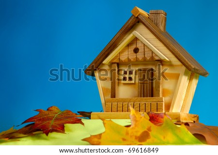 Wooden house on a hill covered with fallen autumn leaves under blue sky