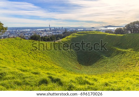 Mt Eden Crater and View to Auckland City, New Zealand; Mount Eden Auckland New Zealand Royalty-Free Stock Photo #696170026