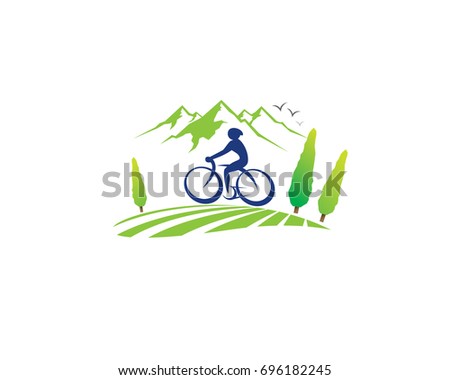 bike riding mountainous village view logo
