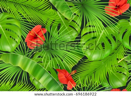 Jungle foliage seamless pattern. 3d vector realistic background