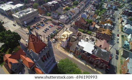 Aerial Shot of urban environment over old building
