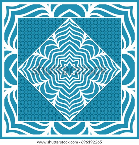 Design print for Pillow. Vector Illustration. Pattern with Geometric Lace Floral Ornament. For fabric, textile, bandana, scarg, carpet print. Blue color