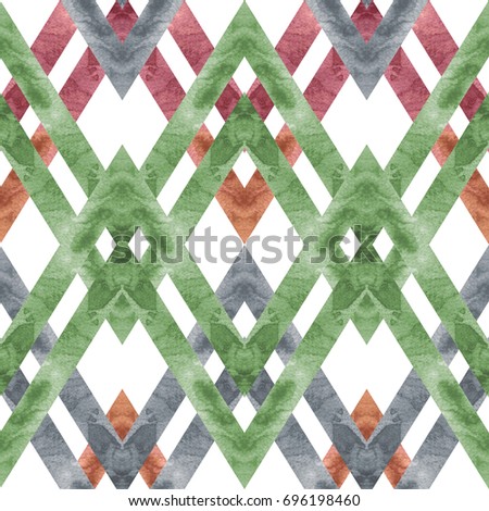 Seamless retro geometric pattern with rhombus lines. Colored watercolor background in trendy colors.