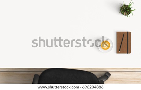 Modern workplace with coffee cup and smartphone or laptop copy space on white table background. Top view. Flat lay style.
