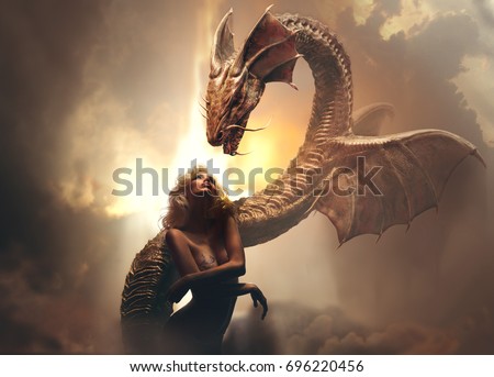 Blonde girl and dragon in fantasy world against bright cloudy background