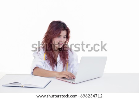 charity, health care, donation and medicine concept, happy asian female doctor with a laptop computer on white background