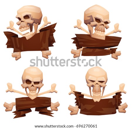 Vector set of emblems with brown banners and with cartoon images of different beige human skulls with crossed bones on a white background. Pirates, death, Halloween. Vector illustration.