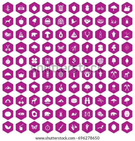 100 camping and nature icons set in violet hexagon isolated vector illustration
