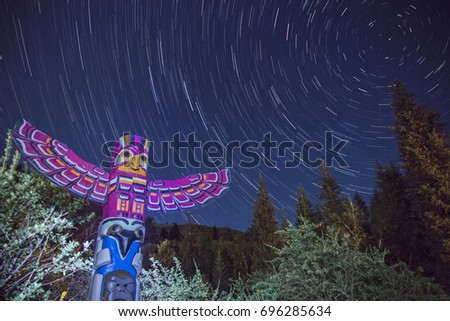 round startrail in the night with tree statue and spruce in foreground