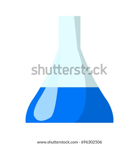 Chemical flask with blue liquid inside vector illustration isolated on white background. Vessel container used in chemistry and physics experiments