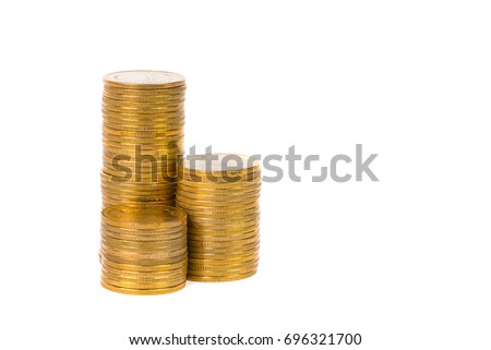 Columns of gold coins, piles of coins arranged on white background, business banking idea.