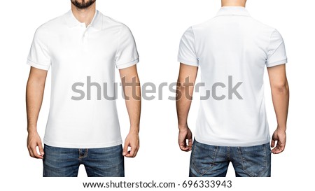 men in blank white polo shirt, front and back view, isolated white background. Design polo shirt, template and mockup for print Royalty-Free Stock Photo #696333943