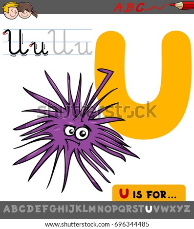 Educational Cartoon Vector Illustration of Letter U from Alphabet with Urchin Sea Animal Character for Children 