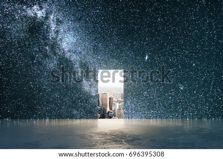 Small opening with city view in abstract space starry sky interior with concrete floor. Opportunity concept 