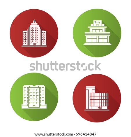 City buildings flat design long shadow glyph icons set. Shopping mall, business center, skyscraper, multi-storey building. Vector silhouette illustration