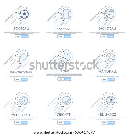 American Football, Baseball, Soccer, Tennis, Basketball, Volleyball, Handball, Cricket Concept Thin Line Icons Set, Basic Flat Web Elements with Website or Application Presentation Page Design